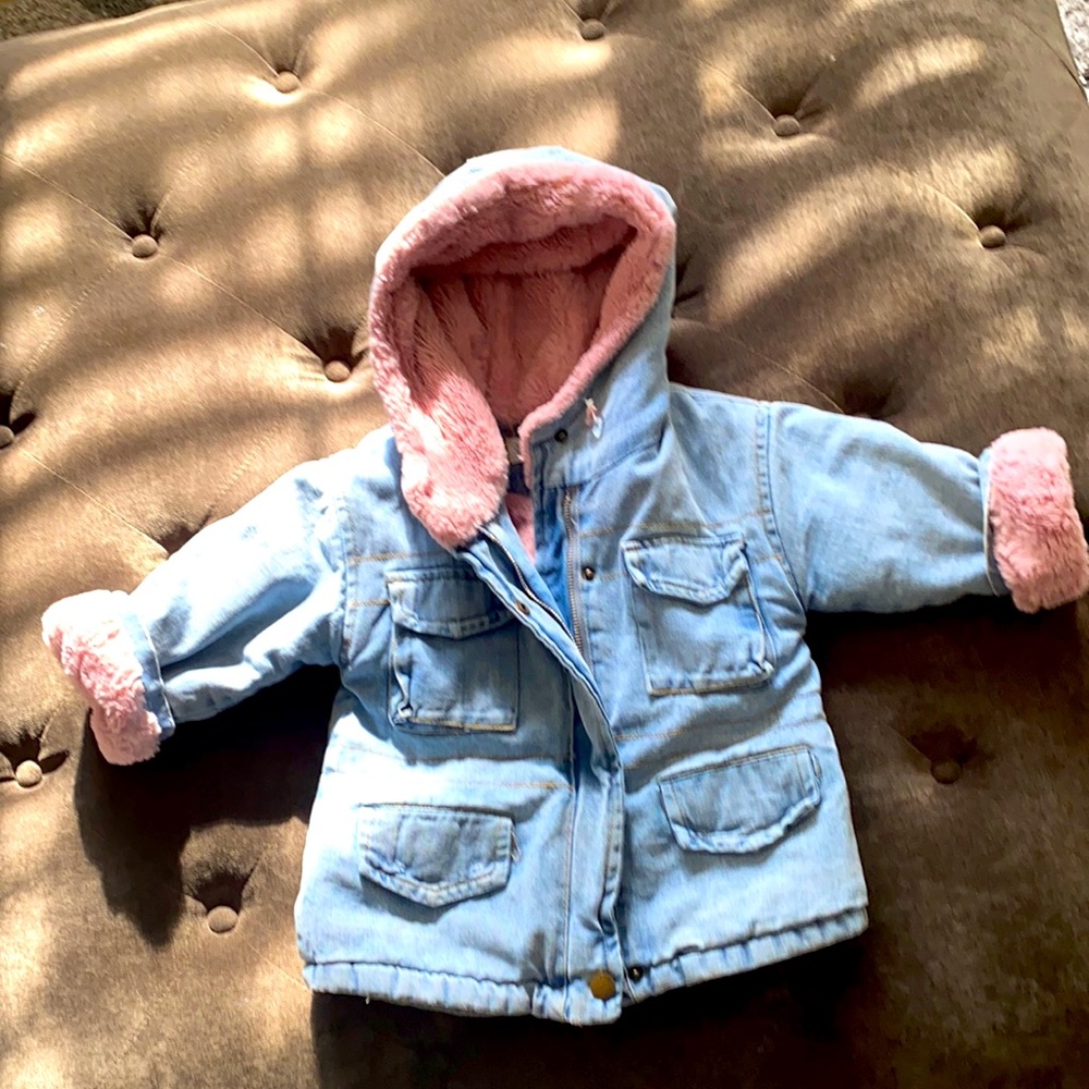 Denim pink faux fur coat! 💞💙💙💞